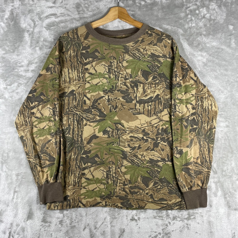 Realtree Pocket T-Shirt Mens M/L Camo Long Sleeve Hunting Outdoor Single Stitch